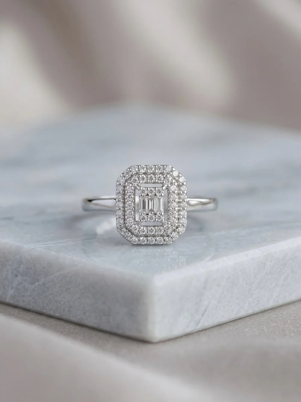 Platinum Plated Emerald Shape Double Halo Baguette CZ Ring | Silver Tone Luxury